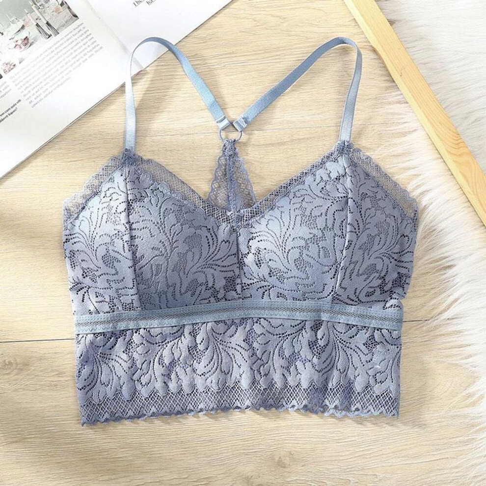 (blue, M) Lace Floral Bralette Padded Push Up Bra For Women Sexy Lingerie Brassiere Wire Free Bralette Comfy Vest Top Y-back Underwear