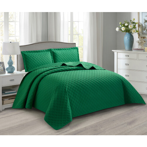 (Green, Super King) 3 Piece Emboss Bedspread Check Quilted Bedding Set 2