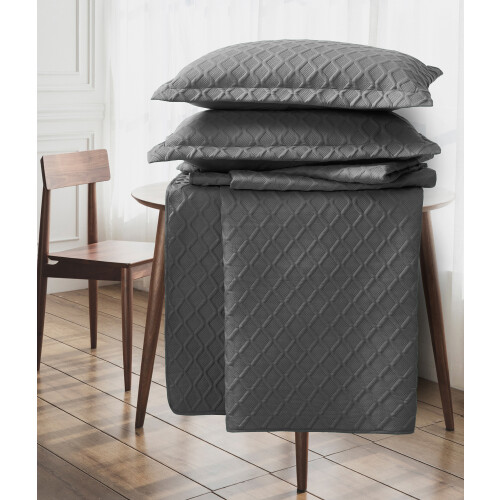 (Grey, Double) 3 Piece Emboss Bedspread Check Quilted Bedding Set 2