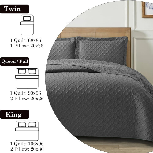 (Grey, King) 3 Piece Emboss Bedspread Check Quilted Bedding Set 2