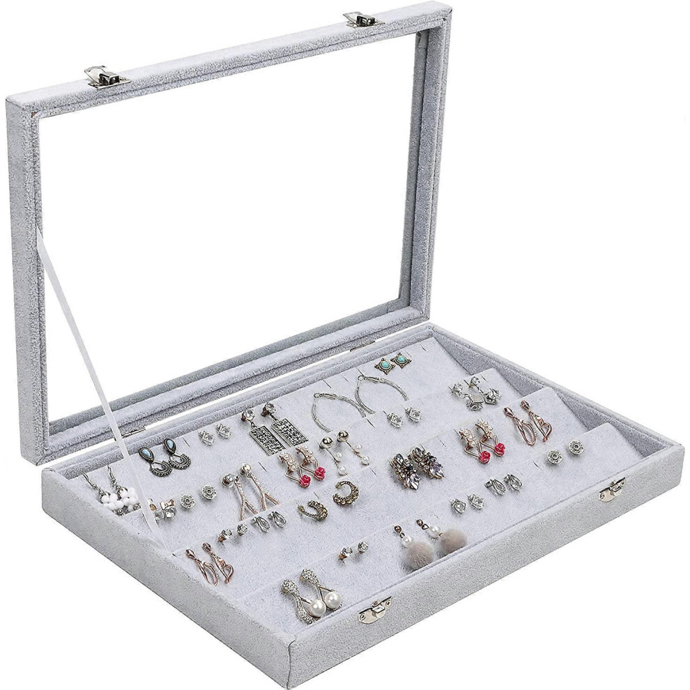 (As show, One size) Rangement Boucle dOreille en Velours Gris avec 40 Fentes et Couvercle - Presentoir Bijoux et Boucle dOreille  4 Niveaux avec Fentre en Verre Transpare