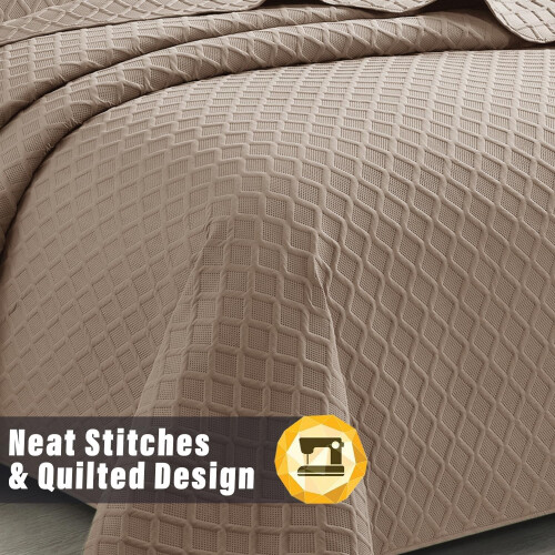 (Mink, Double) 3 Piece Emboss Bedspread Check Quilted Bedding Set 2