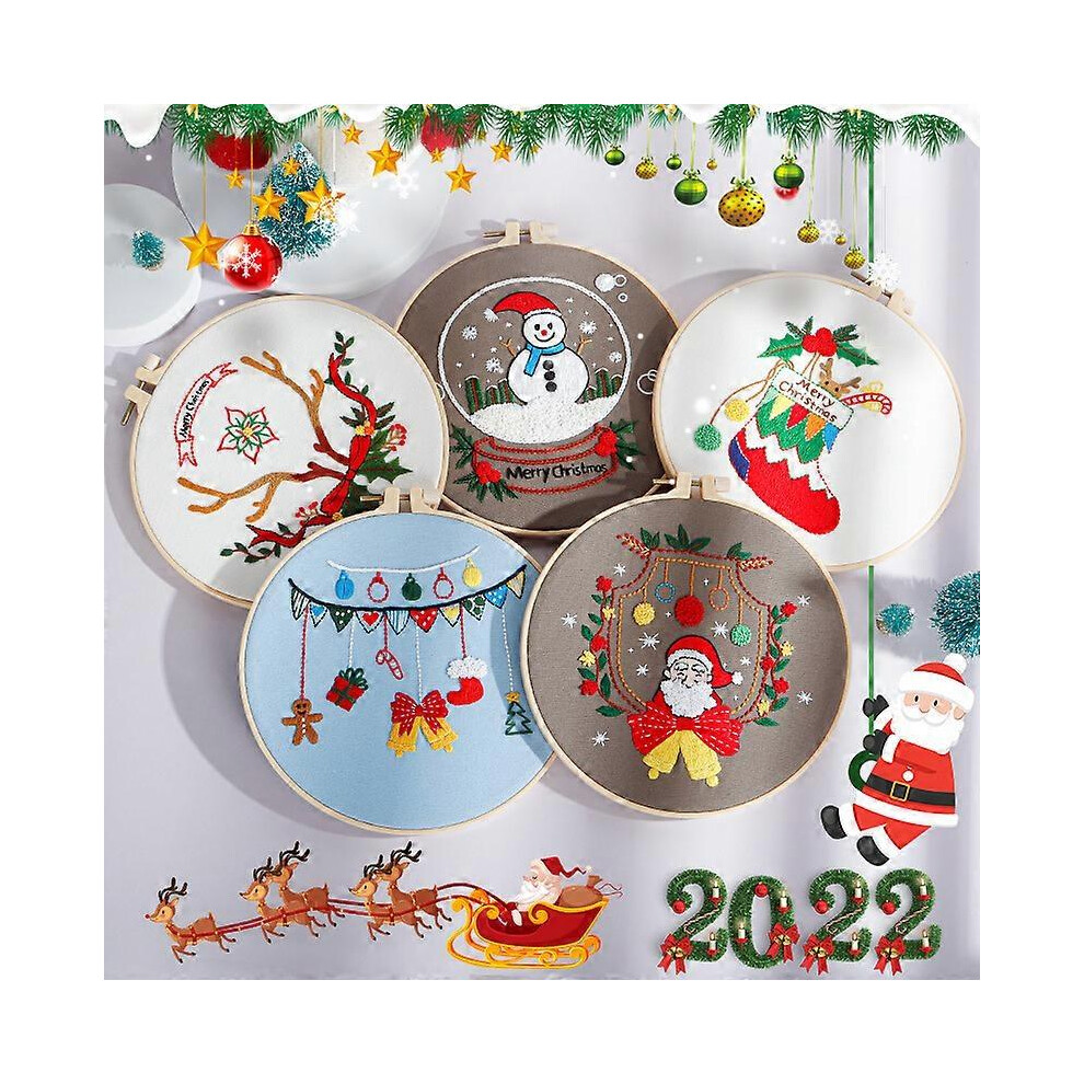 (As show, One size) 5 sets of Christmas embroidery kits (with patterns and instructions) Needlepoint kits for adult embroidery supplies (winter patterns)