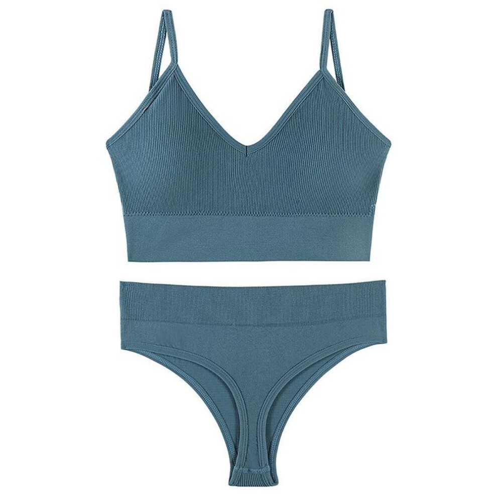 (blue, XL) Sports Women Seamless Bra Set Sexy Thong Low Waist Panties Wire Free Bra Lingerie Brassiere Cotton Female Underwear Set