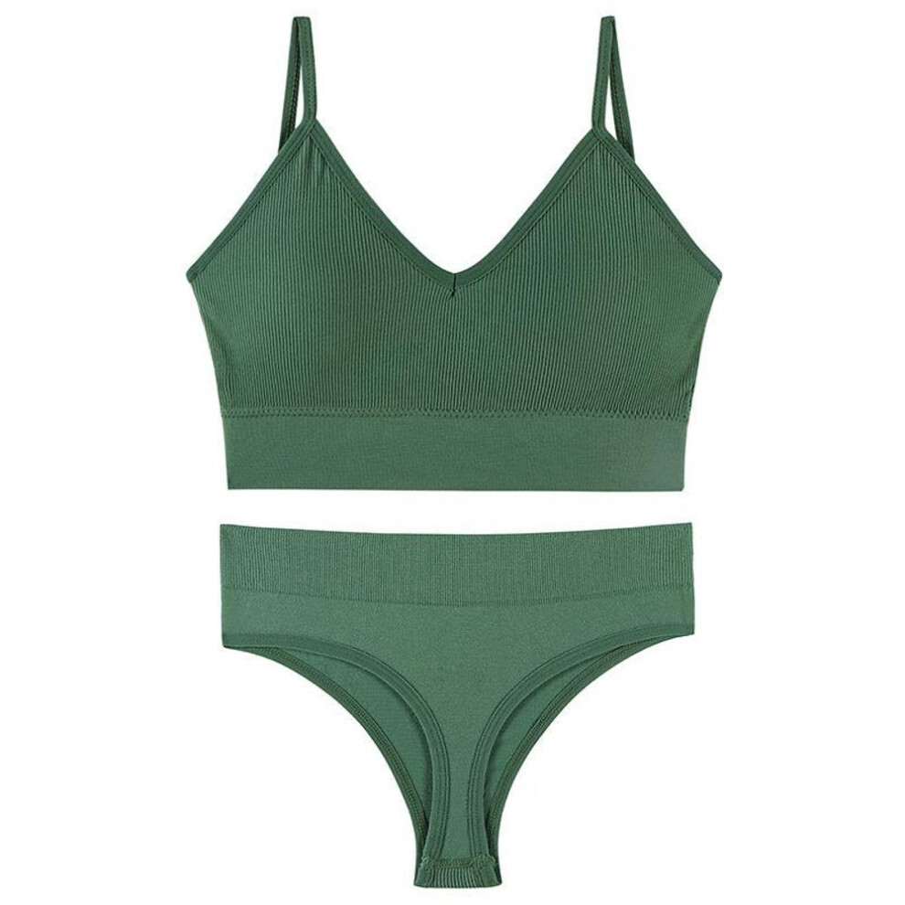 (green, L) Sports Women Seamless Bra Set Sexy Thong Low Waist Panties Wire Free Bra Lingerie Brassiere Cotton Female Underwear Set