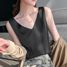 (As show, One size) Acetate camisole undershirt women's underwear bottoming with suit spring and summer new silk satin V-neck black white outer wear.black