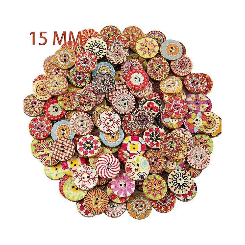 (As show, One size) 100 mixed random flower painted round 2 holes wooden wooden buttons for sewing process 15mm.