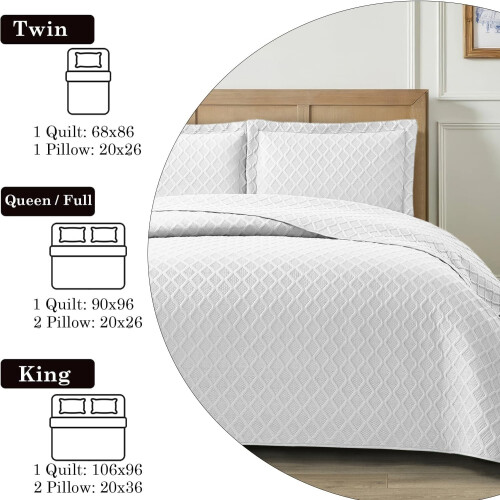 (White, King) 3 Piece Emboss Bedspread Check Quilted Bedding Set 2
