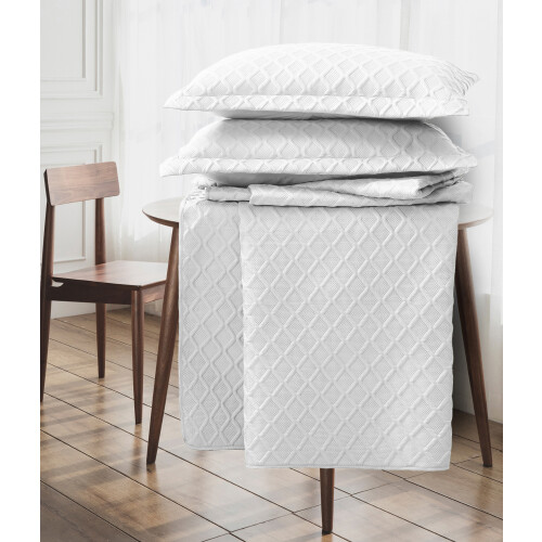 (White, Super King) 3 Piece Emboss Bedspread Check Quilted Bedding Set 2