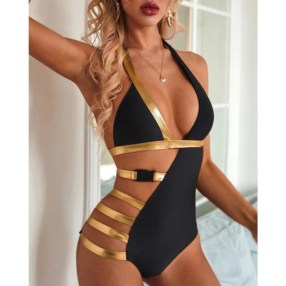 (M, black) Women Sexy One Piece Swimsuit Padded Backless Bikini Swimwear Belt Monokini Bathing Suit