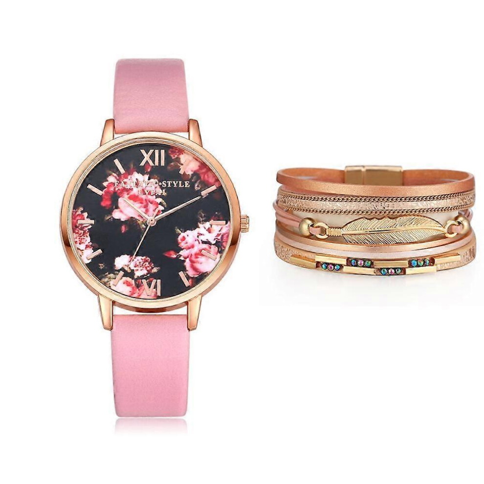 (As show, One size) Womens Pink Quartz Watch with Bangle Gift Set