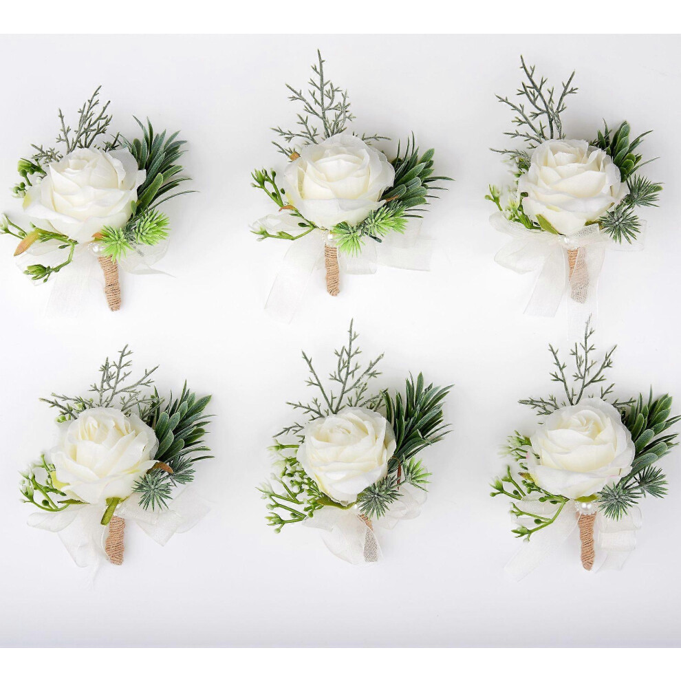 (As show, One size) 6-piece cream rose corsage bracelet for white wedding flower decorations prom set decoration
