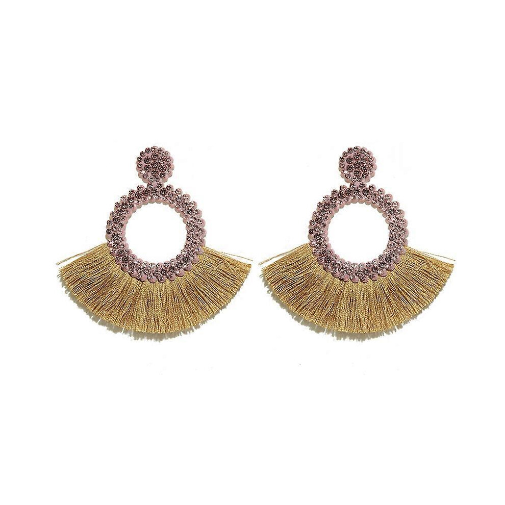 (As show, One size) Beaded Hoop Tassel Earrings, Big Boho Statement Fringe Dangle Earrings Camel