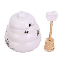 (As show, One size) Ceramic Honey Pot With Wooden Dipperporcelain Honey Jar With Lid And Honey Stick,ceramic Honey Pot