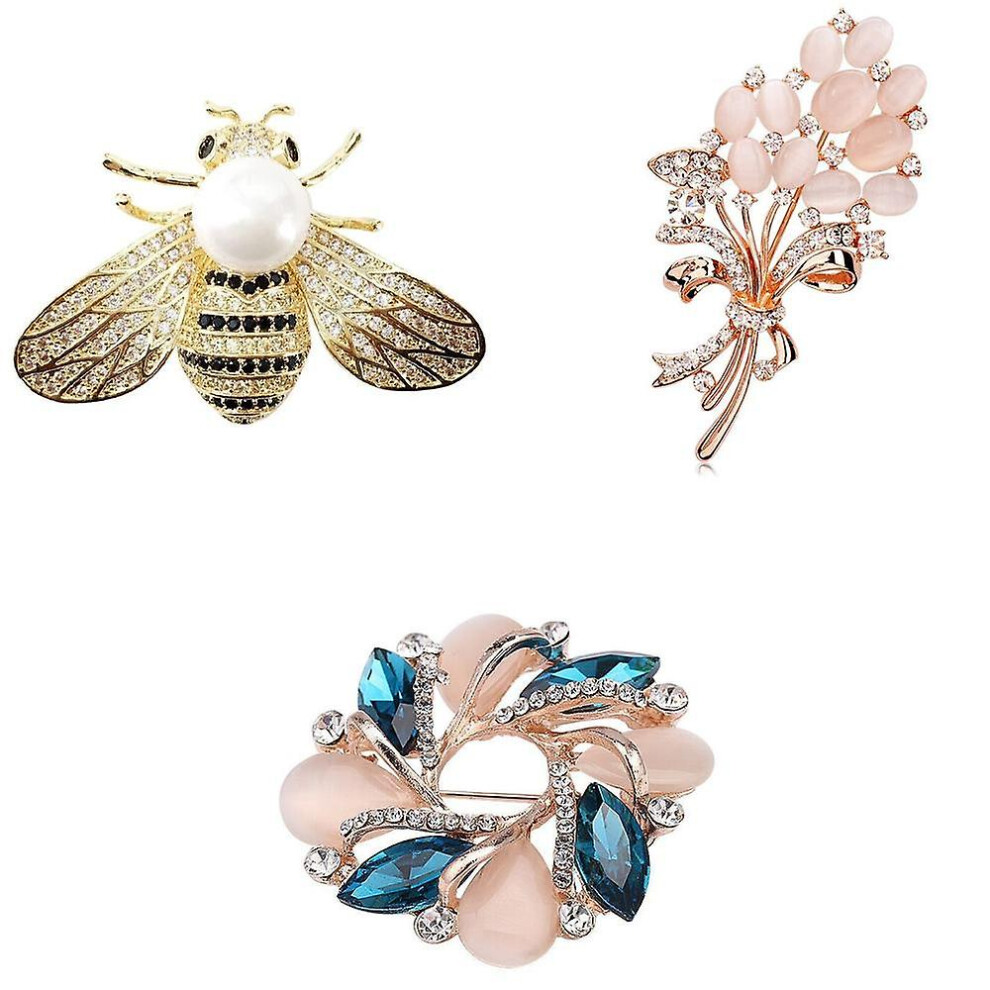 (As show, One size) Set Of 3 Rhinestone Brooch Pins, Elegant Crystal Floral Wedding Bouquet Brooches For Women And Girls