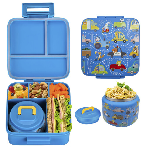 (Blue Cars) Shock-Resistant Bento Lunch Box Set with 8Oz Insulated Jar, Leak-Proof, 4 Compartments, 2 Removable Dividers, Bpa-Free, Dishwasher Safe