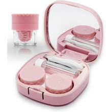 (Sugar Pink) Contact Lens Case with Cleaner Washer, Travel Size Cute Colored Contact Lenses Applicator Removal Tool Kit with Mirror Solution Bottle