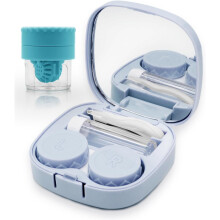 (Blue) Contact Lens Case with Cleaner Washer, Travel Size Cute Colored Contact Lenses Applicator Removal Tool Kit with Mirror Solution Bottle