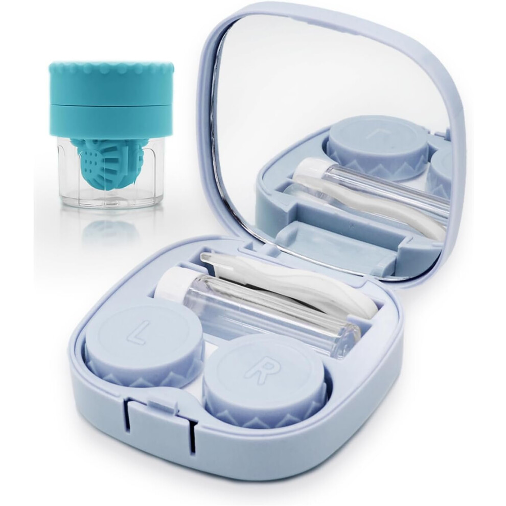 Blue (Blue) Contact Lens Case With Cleaner Washer, Travel Size Cute Colored Contact Lenses Applicator Removal Tool Kit With Mirror Solution Bottle