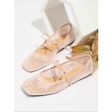 (Pink, EU37) Women's Embroidery Lace Mesh Ballet Flats, Elegant Square Toe Flat Shoes for Party, Daily Clothing Decor, Lightweight Breathable Comfortable Shoes