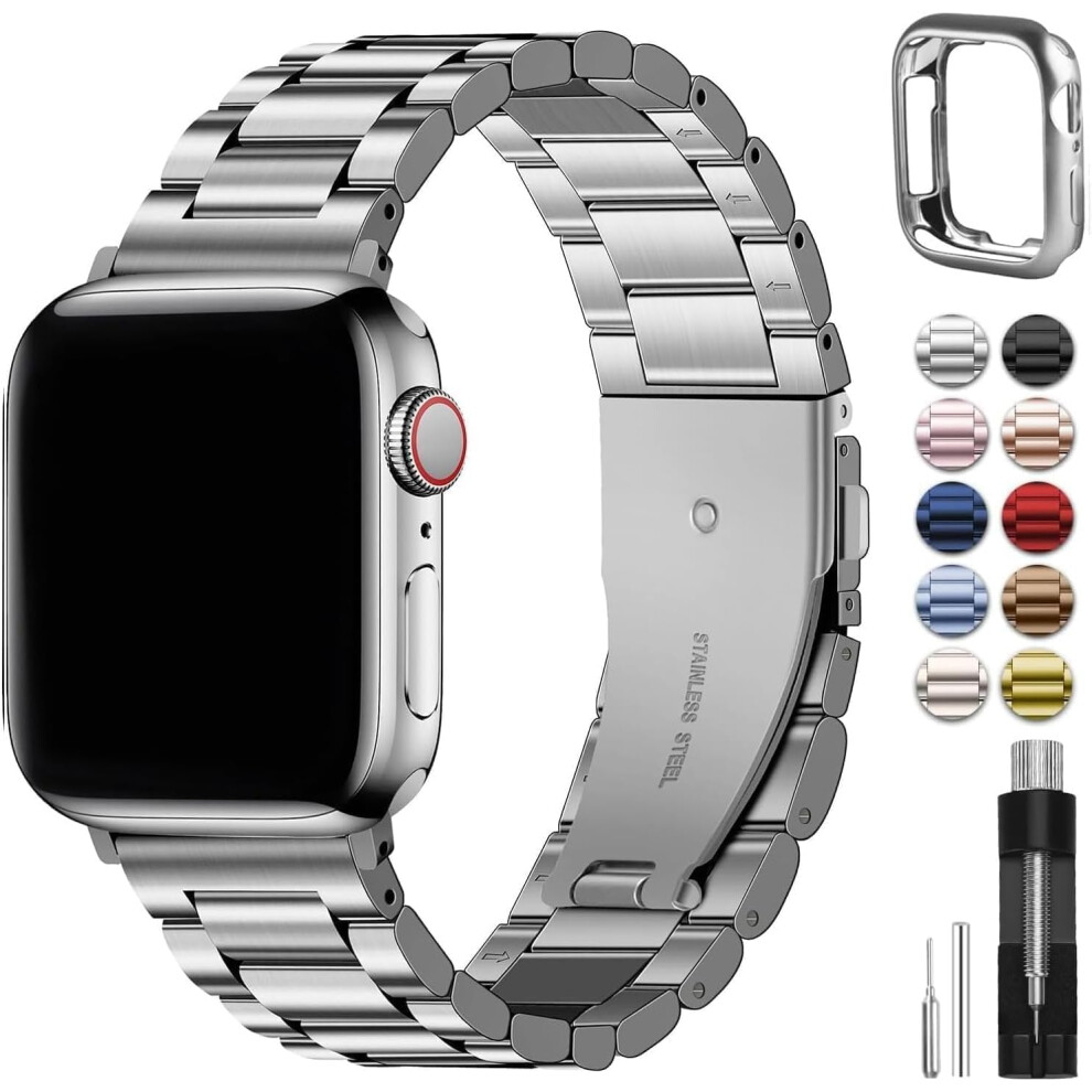 (42mm(Series 10), Silver and Black) Compatible with Apple Watch Straps 40mm 41mm 38mm 42mm(Series 10), Metal Stainless Steel Replacement Bands for iWa-image-OPC-PHST858-NEW