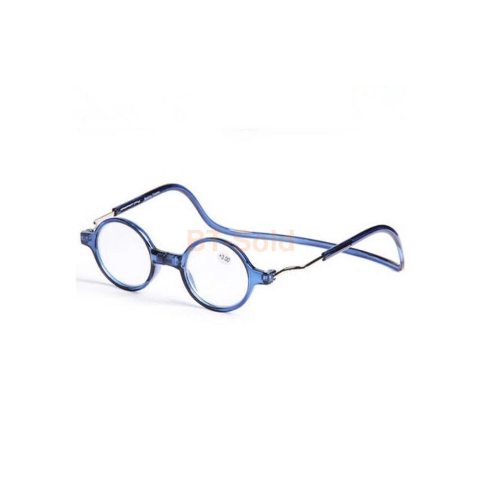 (Blue, +2.5) +1.0~+4.0 Folding Magnetic Reading Glasses Snap Click Front Neck Hanging Glasses