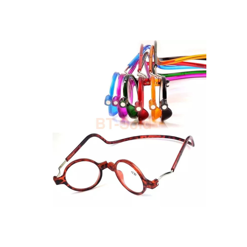 (Leopard, +3.0) +1.0~+4.0 Folding Magnetic Reading Glasses Snap Click Front Neck Hanging Glasses