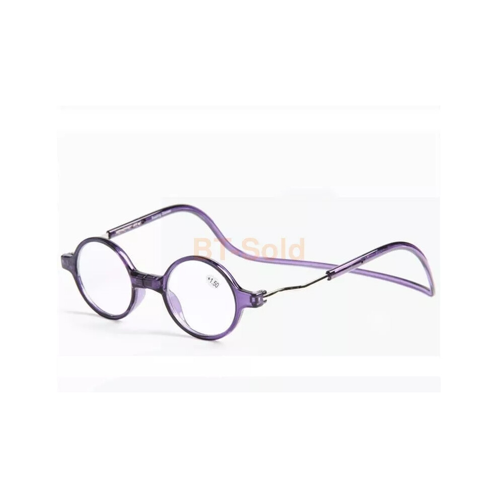 (Purple, +2.5) +1.0~+4.0 Folding Magnetic Reading Glasses Snap Click Front Neck Hanging Glasses