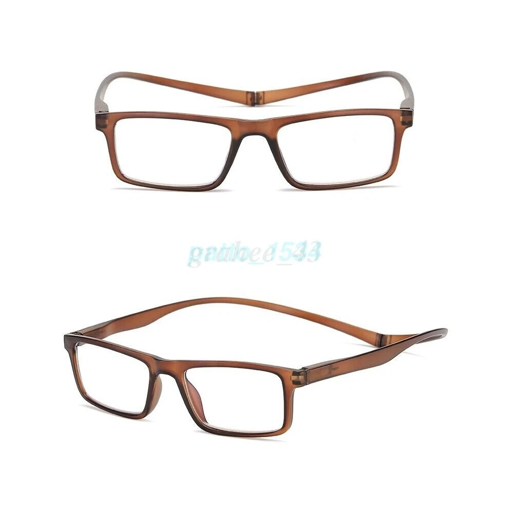 (Brown, +1.0) Magnetic Reading Glasses Snap Click Neck Hang Presbyopic Eyeglasses +1.00 ~ 4.00