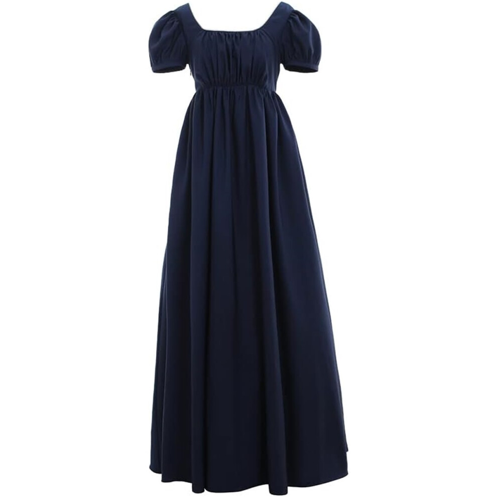 (M) Regency Era Navy Dress Emma Jane Austen Ball Gown For Women Prom Blue