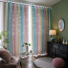 Rideaux de chambre 2 pièces - L 132 x H 243 cm - Étoiles perforées dégradées rose et bleu - Rideau occultant avec voiles blancs
