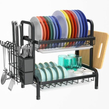 Égouttoir à vaisselle à 2 niveaux en acier inoxydable avec égouttoir et porte-couverts - Noir