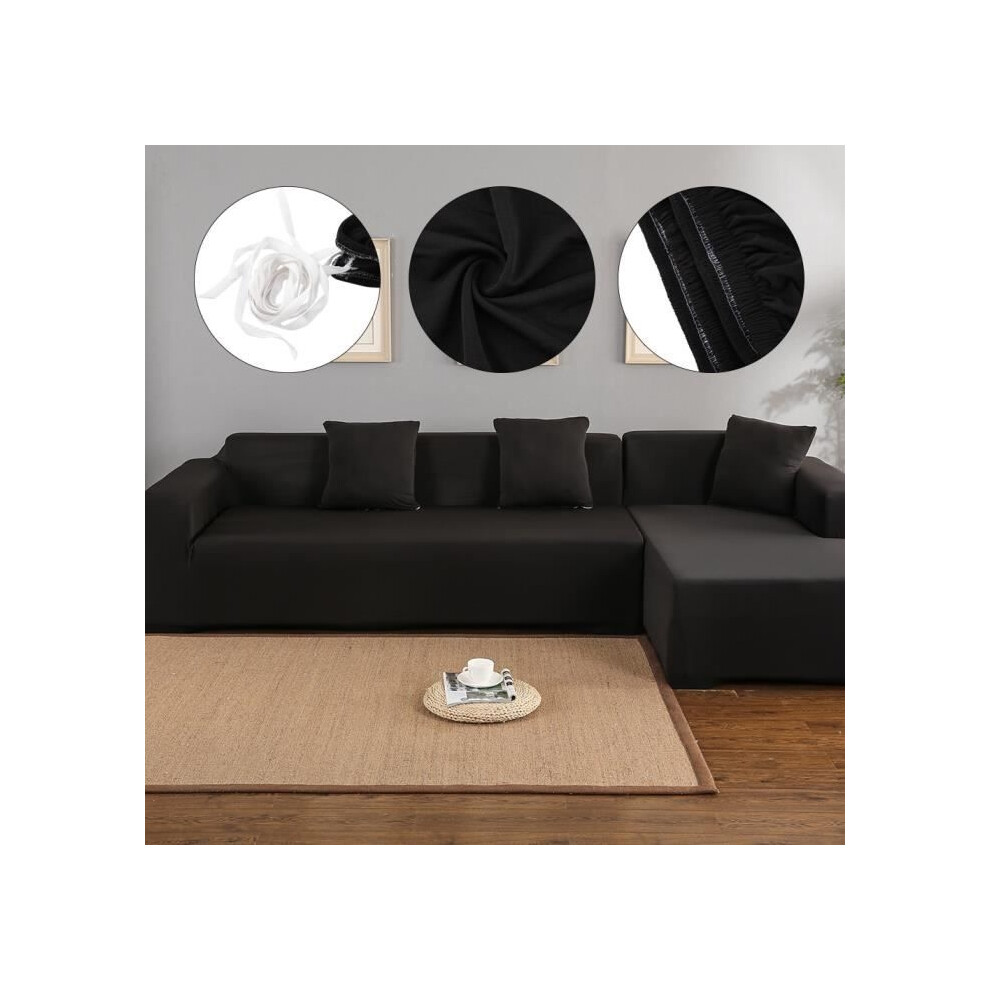 Housse de canapé d'angle 3+2 places en polyester, douce et luxueuse, pour protéger vos meubles de maison – Noir