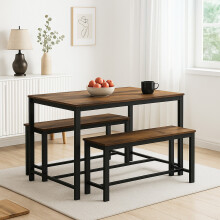 (Rustic Brown) 3 Pcs Wooden Kitchen Dining Living Room Table Metal Frame 2 Matching Benches Set