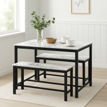 (White Marble) 3 Pcs Wooden Kitchen Dining Living Room Table Metal Frame 2 Matching Benches Set