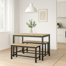 (Oak) 3 Pcs Wooden Kitchen Dining Living Room Table Metal Frame 2 Matching Benches Set