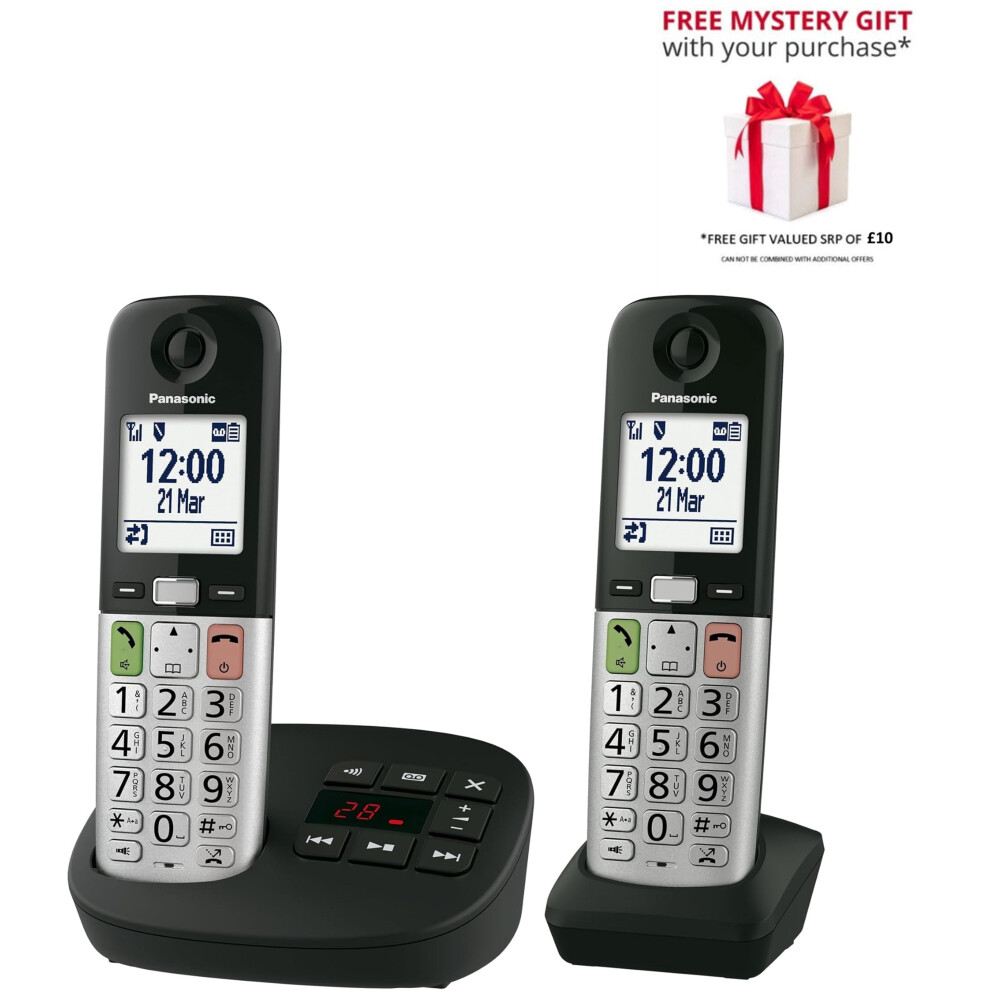 Panasonic KX-TGU432EB Digital Cordless Landline Phone, Answering Machine, 2 Handsets - Free Gift RRP 10!