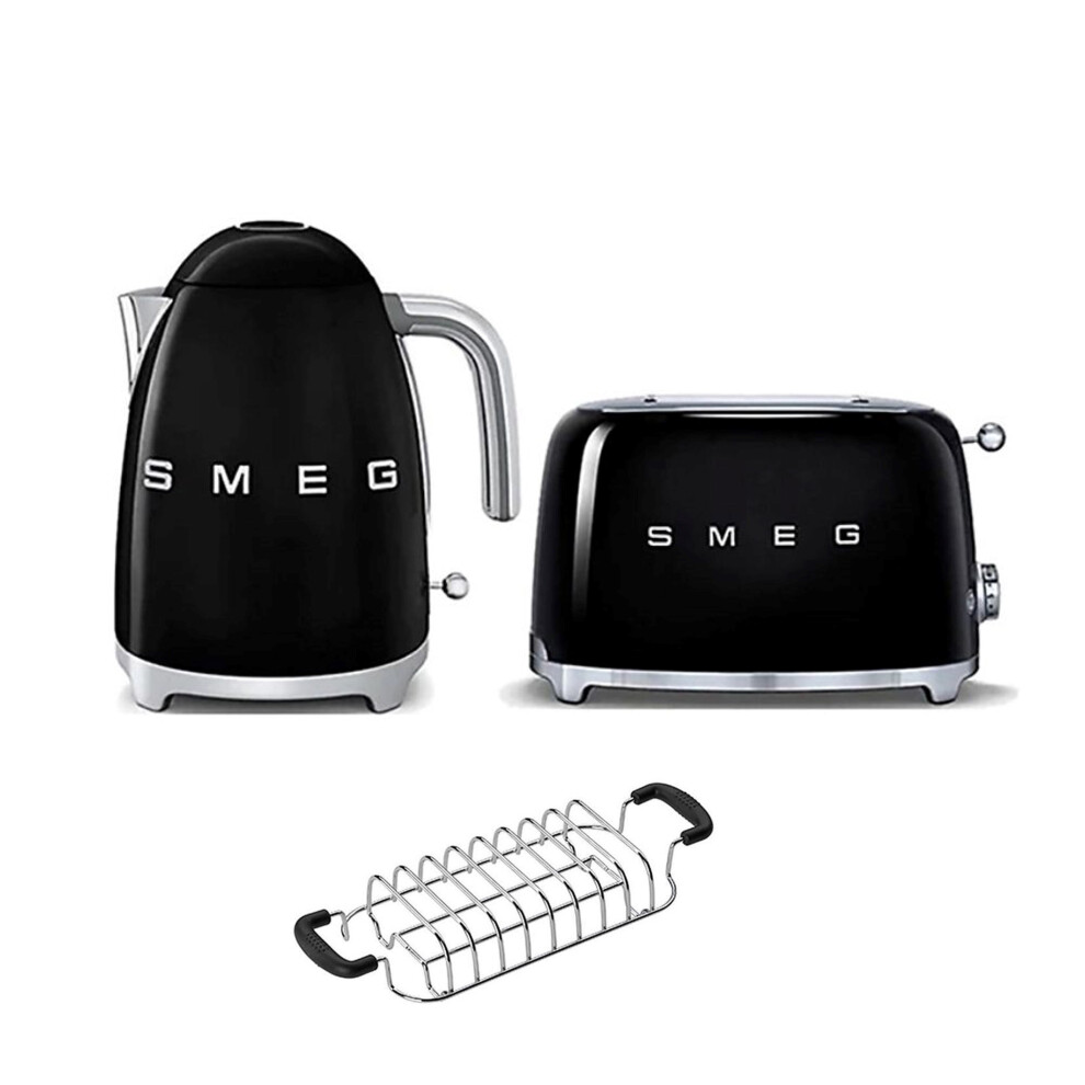 (Black) Smeg KLF03 Kettle + TSF01 Toaster + TSBW01 Bun Warmer Bundle