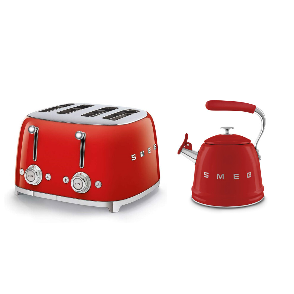 Smeg Red (Red) Wkf01 Whistling Stovetop Kettle & Tsf03 4-Slice Toaster Bundle