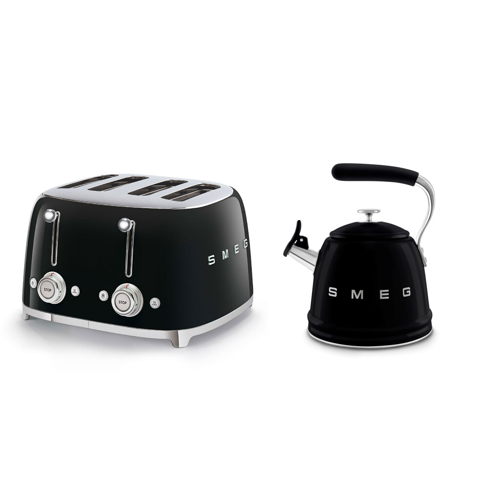 Smeg Black (Black) Wkf01 Whistling Stovetop Kettle & Tsf03 4-Slice Toaster Bundle