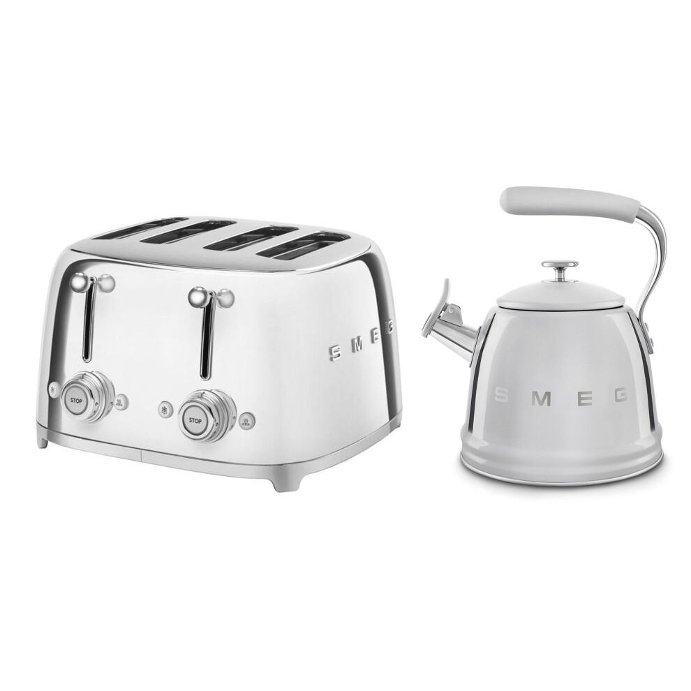 Smeg (Stainless Steel) Wkf01 Whistling Stovetop Kettle & Tsf03 4-Slice Toaster Bundle