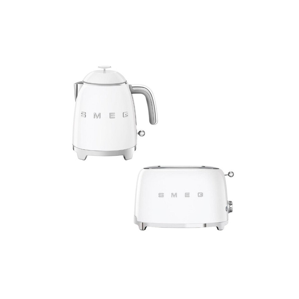 (White) Smeg KLF05 Retro 50's Style Mini Kettle 0.8L & TSF01 2 Slice Toaster Set
