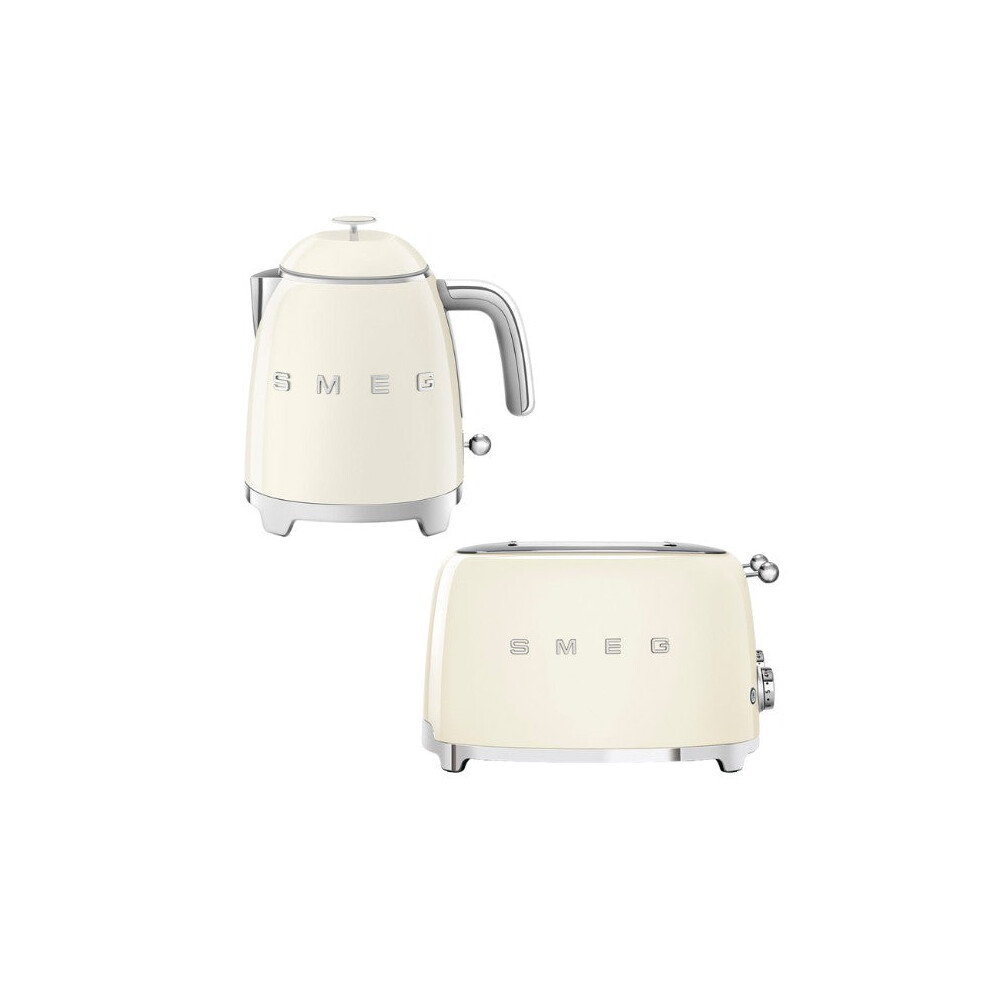 (Cream) Smeg KLF05 Retro 50's Style Mini Kettle 0.8L & TSF03 Retro 4-Slice Toaster Set