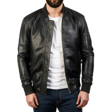 (2XLarge - 46 – 47?) Mens Black Sheepskin Leather Bomber Jacket