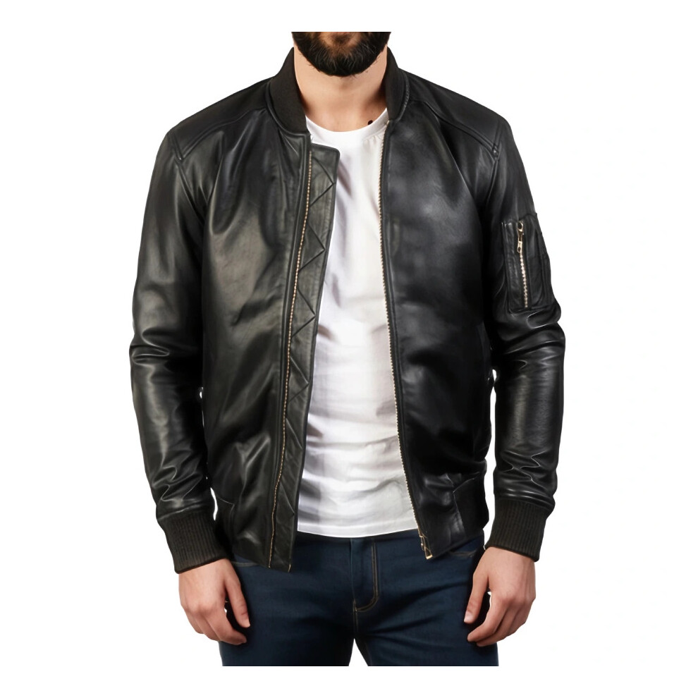 (2Xlarge - 46 – 47?) Mens Sheepskin Leather Bomber Jacket Black
