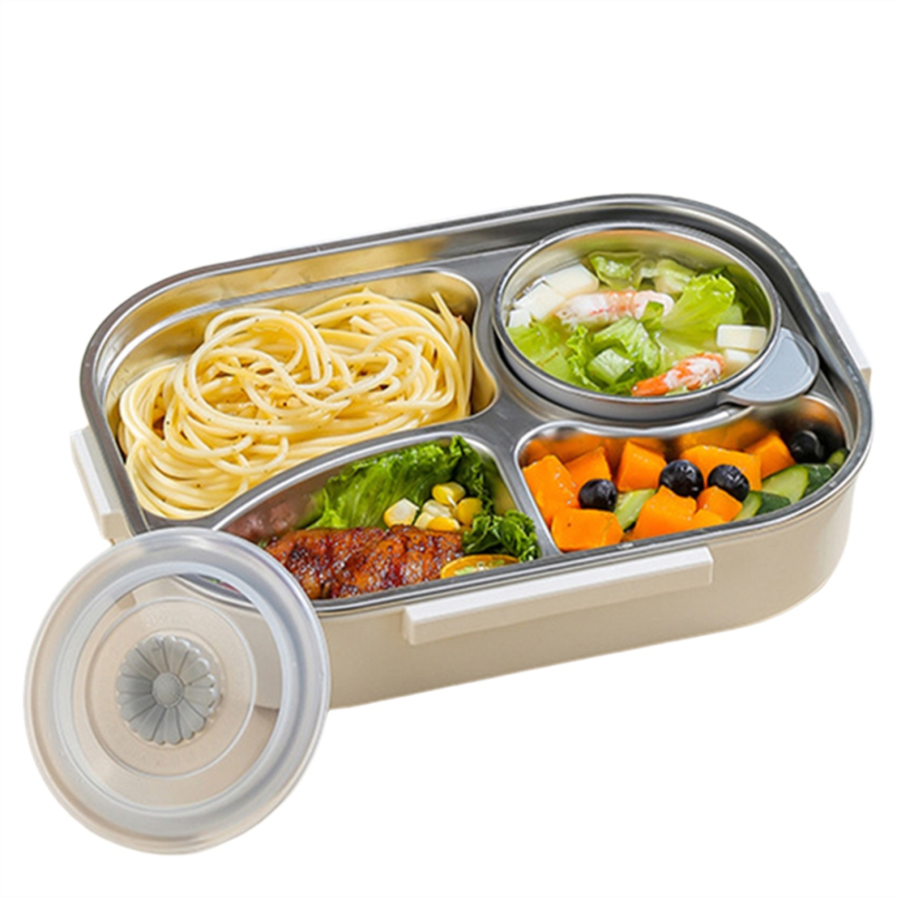 Lunch Box Isolato In Acciaio Inossidabile Con 4 Scomparti E Set Di Posate