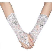 Bridal Wedding Gloves, Long Fingerless Lace Rhinestone Gloves Women's Accessories (white)