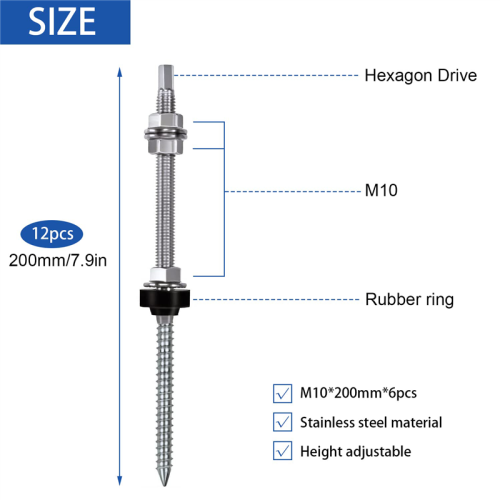 8 τεμάχια βίδες ανάρτησης, M10x200 mm, για στέγες φωτοβολταϊκών ηλιακών συστημάτων 1