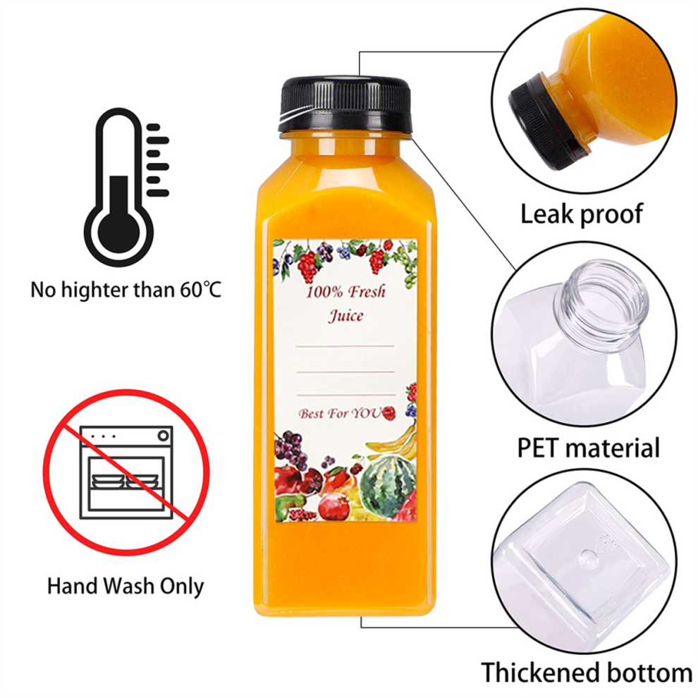 Lot de 12 bouteilles de jus en plastique de 118 ml avec bouchons noirs, vides et réutilisables, avec 12 étiquettes, entonnoir et brosse, récipients recyclables pour jus, smoothie, lait, gingembre et