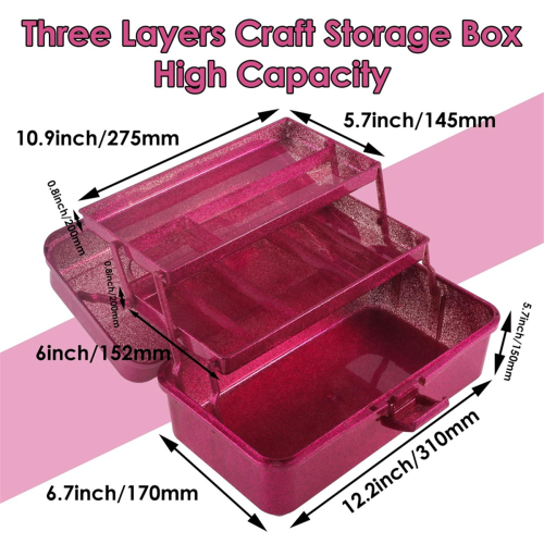Glitter Pink & Craft Tool Storage Box, Stackable Carry Tackle Box 2